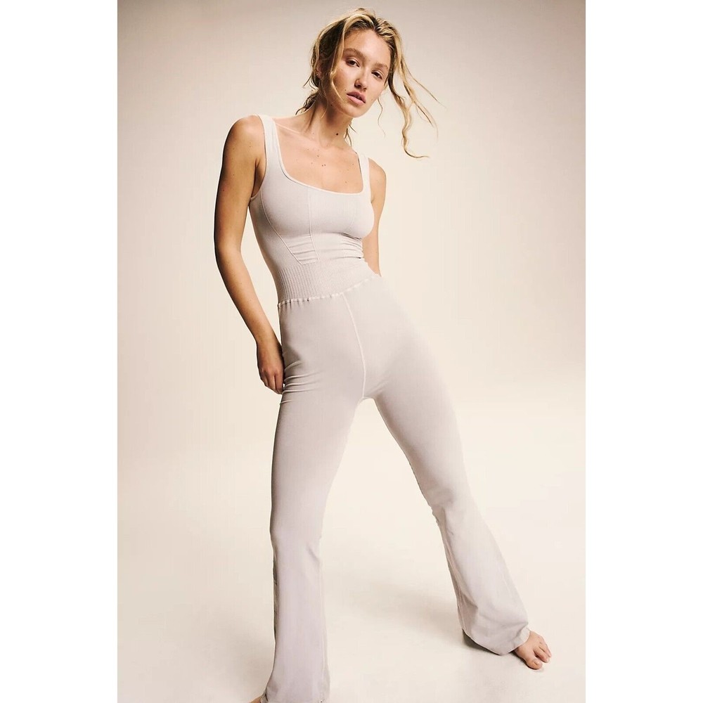Free People Womens Medium Large Good Karma Flared One Piece Ice Gray Athleisure - Picture 2 of 9